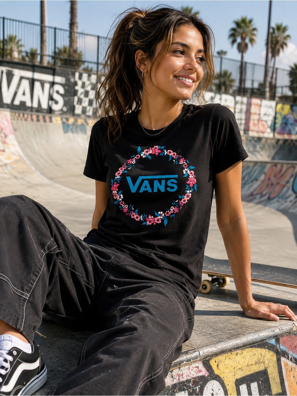 Vans T-shirt Floral Logo Graphic Tee Women’s XS Black Streetwear